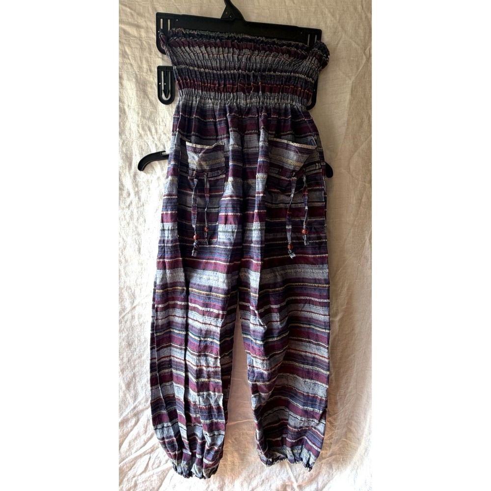 Womens Harem Hippy Hippie Smocked Waist Festival Pants Purple Blue Stripes